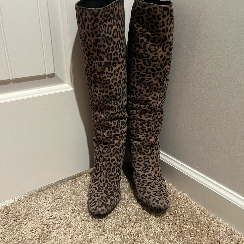 Prada Brown and Black Heeled Boots with Leopard Print
